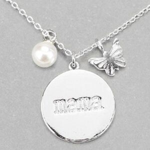 mama Silver Disc Butterfly Pearl Necklace